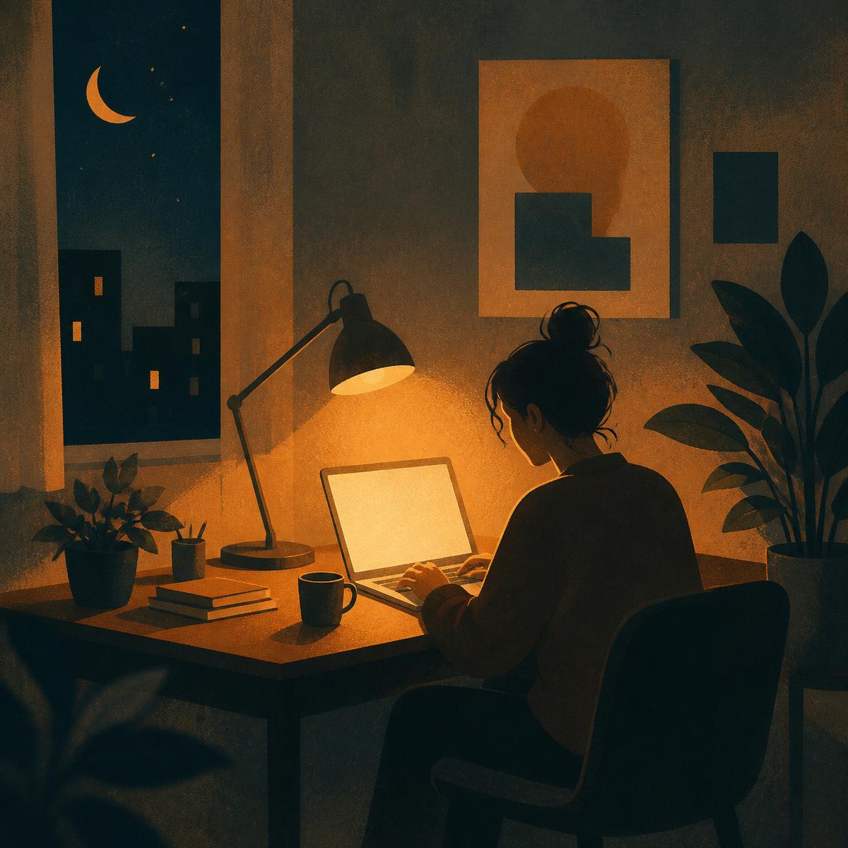 Person som skriver chattuppdrag hemifrån vid en upplyst dator på kvällen